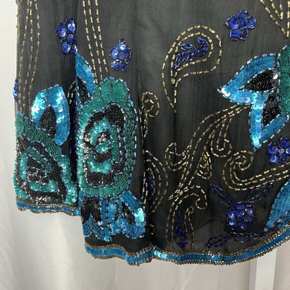 Fantasy by Lisa Kane Vintage XL Silk Beaded Top Black Blue Sequin Floral Beaded - Picture 16 of 16
